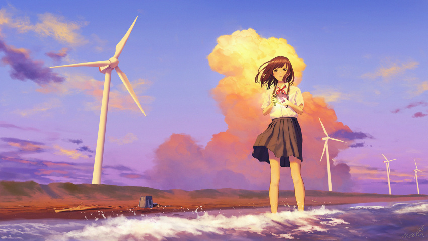 1girl backpack backpack_removed bag beach black_eyes black_hair blue_sky cloud collared_shirt cumulonimbus_cloud evening highres medium_hair ocean original outdoors papi_(papiron100) pleated_skirt scenery school_uniform shirt skirt sky soaking_feet water white_shirt wind_turbine