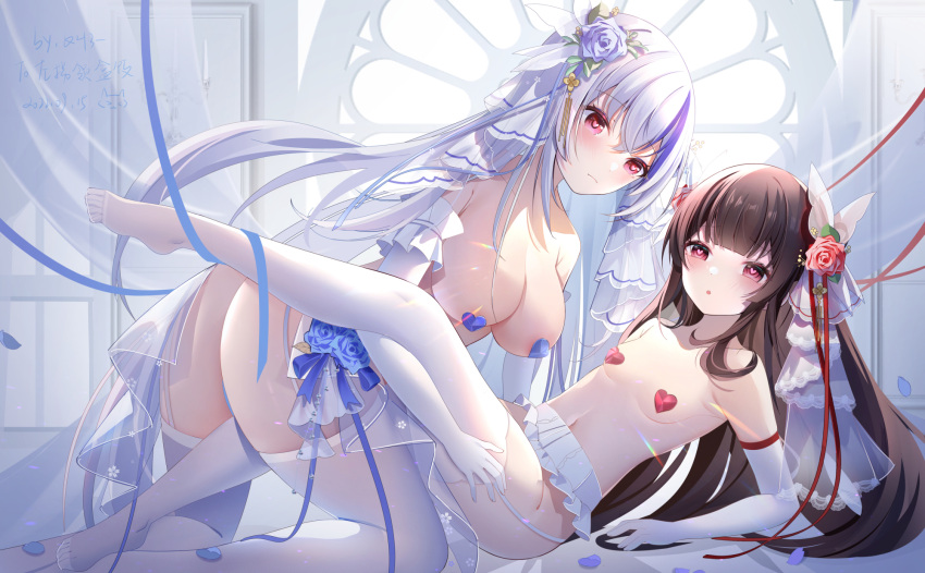 2girls blush breasts brown_hair closed_mouth commentary_request heart heart-shaped_pupils heart_pasties highres large_breasts miaogujun multicolored_hair multiple_girls navel original parted_lips pasties purple_hair red_eyes small_breasts symbol-shaped_pupils thighs white_hair yuri