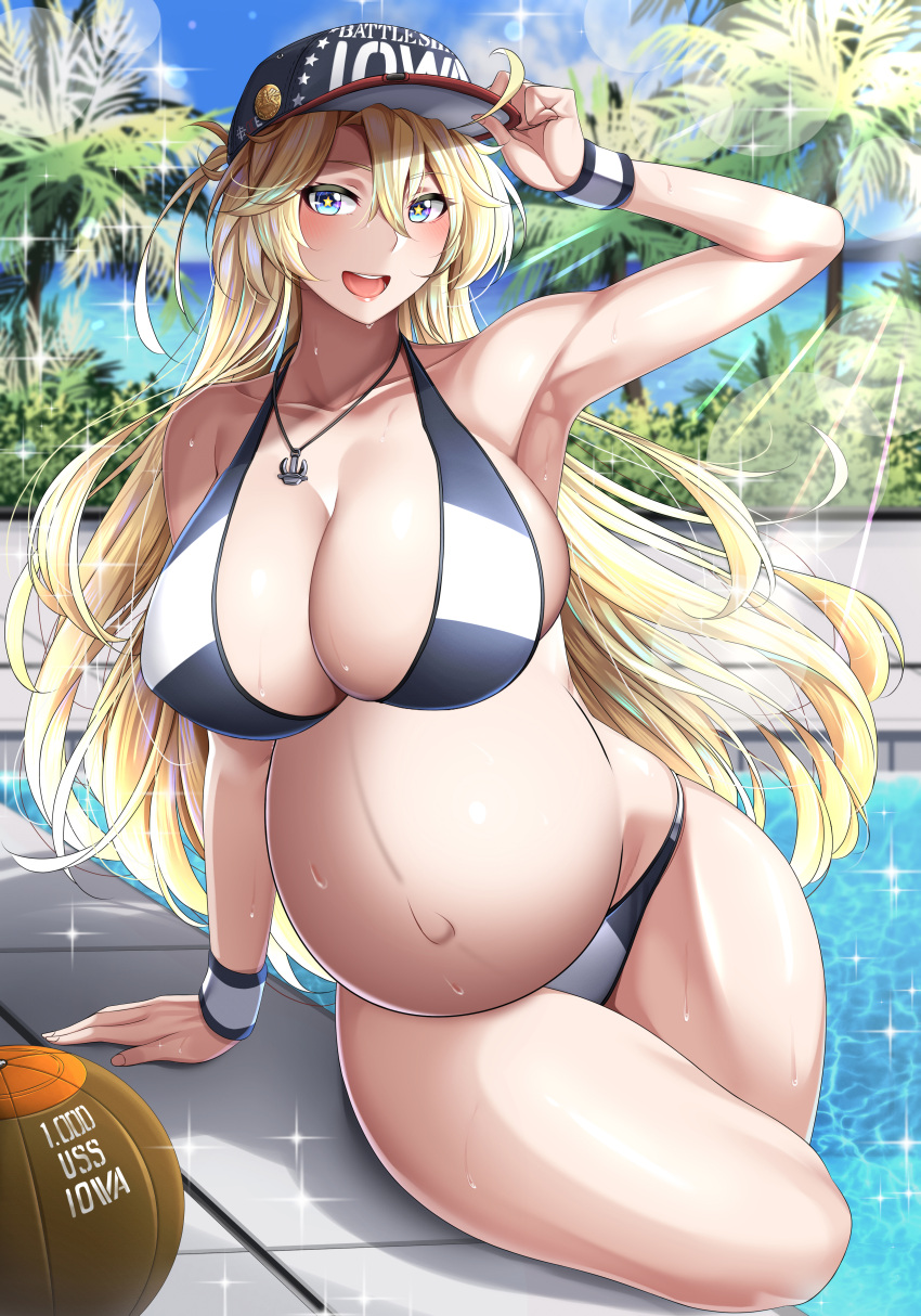 1girl absurdres anchor_necklace arm_up armband baseball_cap bikini blonde_hair blue_eyes breasts hat highres huge_breasts iowa_(kancolle) jewelry kantai_collection long_hair necklace non-web_source obei_teitoku palm_tree pool pregnant smile source_request sparkle star-shaped_pupils star_(symbol) swimsuit symbol-shaped_pupils tree two-tone_bikini water