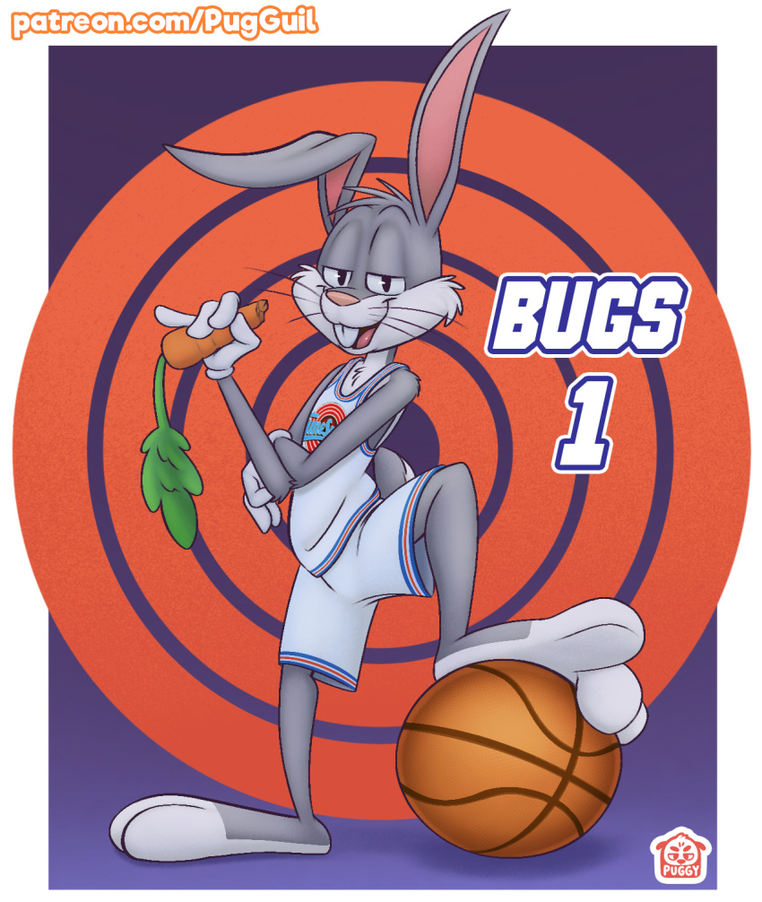 anthro ball basketball_(ball) basketball_uniform buckteeth bugs_bunny carrot clothed clothing feet food fur grey_body grey_fur hi_res lagomorph leporid looking_at_viewer looney_tunes male mammal multicolored_body multicolored_fur open_mouth open_smile plant puggy rabbit smile smiling_at_viewer solo space_jam sportswear teeth two_tone_body two_tone_fur uniform vegetable warner_brothers white_body white_fur
