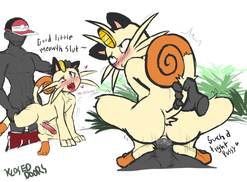 anal anal_penetration anthro blush duo english_text erection generation_1_pokemon hi_res human human_on_anthro interspecies kloseddoors male male/male mammal meowth nintendo penetration pokemon pokemon_(species) pokephilia tail_pull text video_games