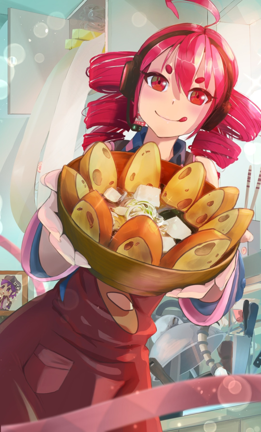 1girl :d ahoge apron baguette bare_shoulders blue_shirt bowl bread cabinet chopsticks commentary cowboy_shot drill_hair food food_focus food_print headphones headset highres holding holding_bowl incoming_food indoors kasane_teto kitchen knife lens_flare light_blush looking_at_viewer medium_hair miso_soup mixing_bowl photo_(object) red_apron red_eyes red_hair rename0180908 shirt smile solo soup spring_onion standing thick_eyebrows tofu tongue tongue_out twin_drills utane_uta utau