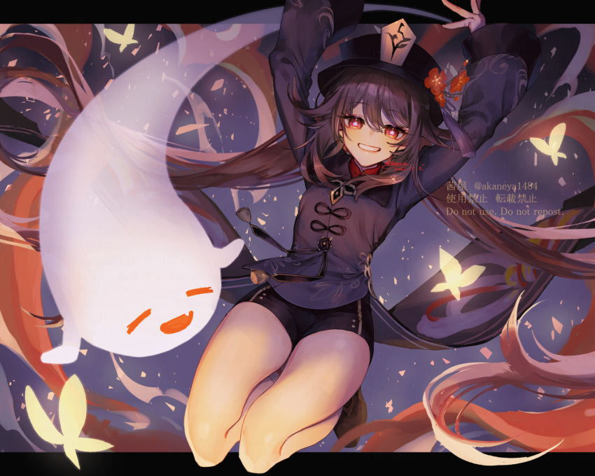 1girl arms_up bangs black_headwear black_nails black_shorts blush boo_tao_(genshin_impact) brown_hair bug butterfly chinese_clothes coattails commentary_request eyelashes flower flower-shaped_pupils genshin_impact ghost grin hair_between_eyes hand_up hat hat_flower highres hu_tao_(genshin_impact) jewelry letterboxed long_hair long_sleeves looking_at_viewer multiple_rings ojo_aa plum_blossoms porkpie_hat red_eyes red_flower red_shirt ribbon ring shiny shiny_hair shirt short_shorts shorts sidelocks signature smile socks solo symbol-shaped_pupils tailcoat tassel thighs tongue tongue_out twintails twitter_username very_long_hair wide_sleeves