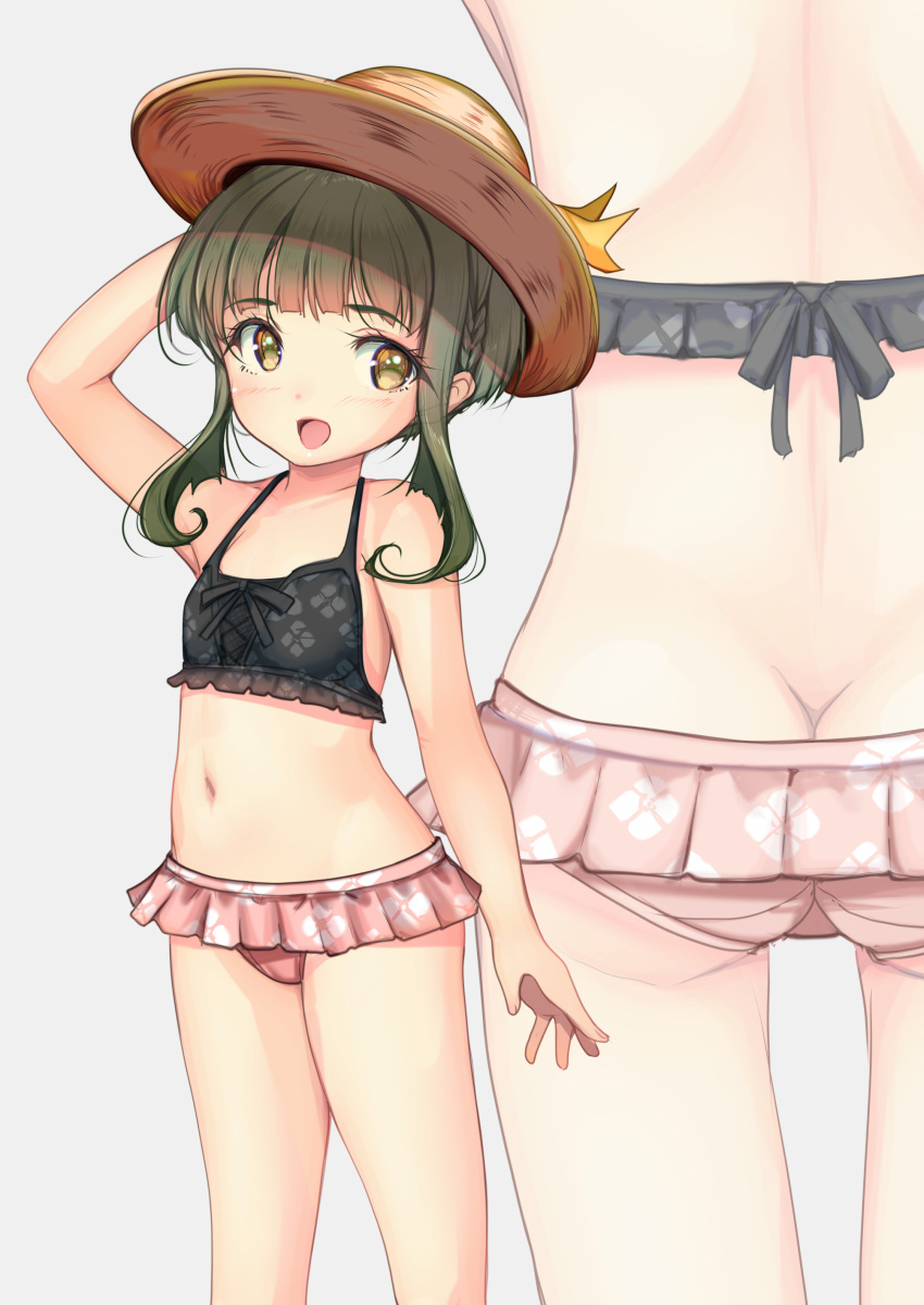 1girl absurdres adapted_costume ass bikini bob_cut braid breasts brown_eyes brown_headwear butt_crack commentary_request covered_navel floral_print frilled_bikini frills green_hair hat highres kantai_collection mismatched_bikini multiple_views official_alternate_costume short_hair sidelocks small_breasts sun_hat swimsuit takanami_(kancolle) takanami_kai_ni_(kancolle) yashin_(yasinz) zoom_layer