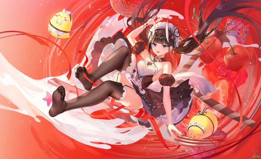 1girl apron atdan azur_lane bangs bare_shoulders black_dress black_thighhighs blue_eyes blunt_bangs breasts brown_hair cherry closed_mouth detached_collar detached_sleeves dress feet floating_hair food fruit full_body highres horns long_hair looking_at_viewer maid_headdress manjuu_(azur_lane) medium_breasts noshiro_(azur_lane) noshiro_(hold_the_ice)_(azur_lane) official_alternate_costume oni_horns puffy_short_sleeves puffy_sleeves red_ribbon revision ribbon short_sleeves sidelocks smile soles solo strawberry thighhighs toes twintails very_long_hair white_apron