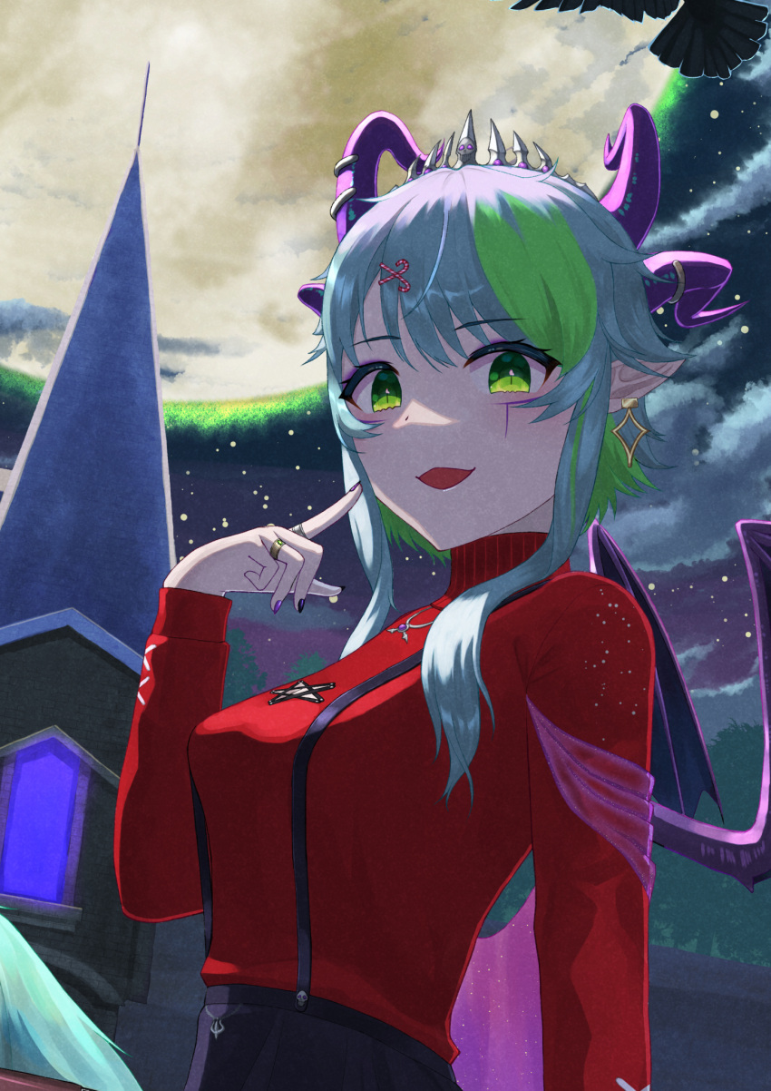 1girl bird black_nails black_sky breasts bsapricot_(vtuber) candy_cane_hair_ornament castle cloud commentary crow demon_girl demon_horns demon_wings earrings english_commentary food-themed_hair_ornament green_eyes green_hair hair_ornament highres horns jewelry looking_at_viewer medium_breasts moon multicolored_hair multicolored_nails multiple_horns nail_polish night open_mouth pentagram pointy_ears purple_nails red_sweater ring short_hair short_hair_with_long_locks star_(sky) streaked_hair suspenders sweater tower virtual_youtuber vshojo wings yonaga_nagaduki
