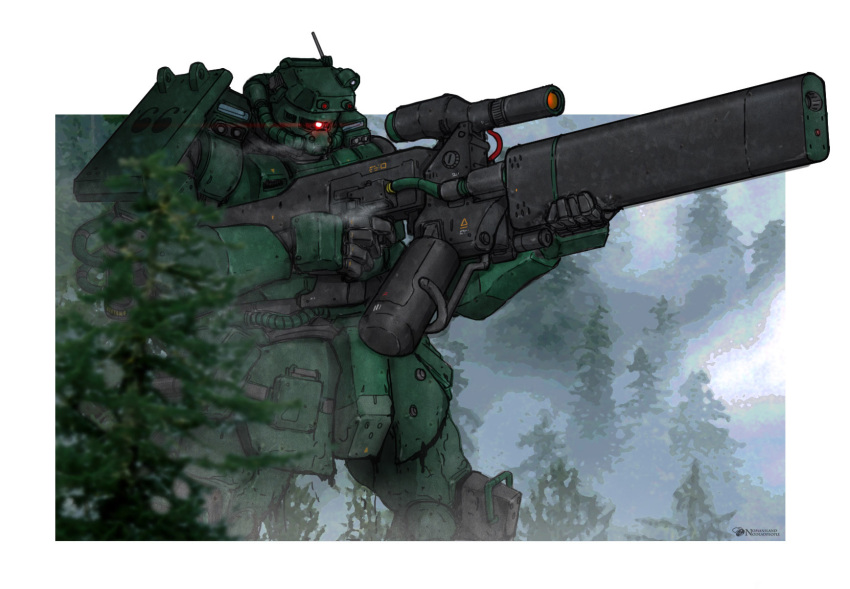 beam_rifle commentary energy_gun english_commentary forest gun gundam highres insignia machinery mecha mobile_suit mobile_suit_gundam nature nomansnodead one-eyed original pine_tree red_eyes redesign rifle robot science_fiction shield sniper sniper_rifle sniper_scope solo tree upper_body weapon zaku zeon