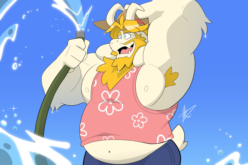 animal_humanoid anthro armpit_hair asgore_dreemurr beard belly biceps blonde_hair blue_eyes body_hair bottomwear bovid caprine chest_tuft clothing facial_hair goat hair hi_res hikazedragon horn hose humanoid male mammal mammal_humanoid musclegut nipples pecs shirt smile solo summer tank_top teeth topwear tuft undertale_(series) water white_body