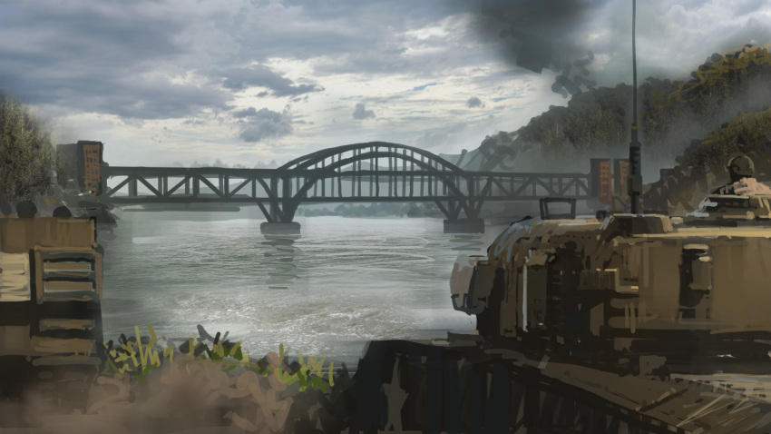 antennae bridge cloud cloudy_sky commentary_request grass ground_vehicle highres mikado_(winters) military military_vehicle motor_vehicle mountainous_horizon no_humans original outdoors river scenery sky tank tree water