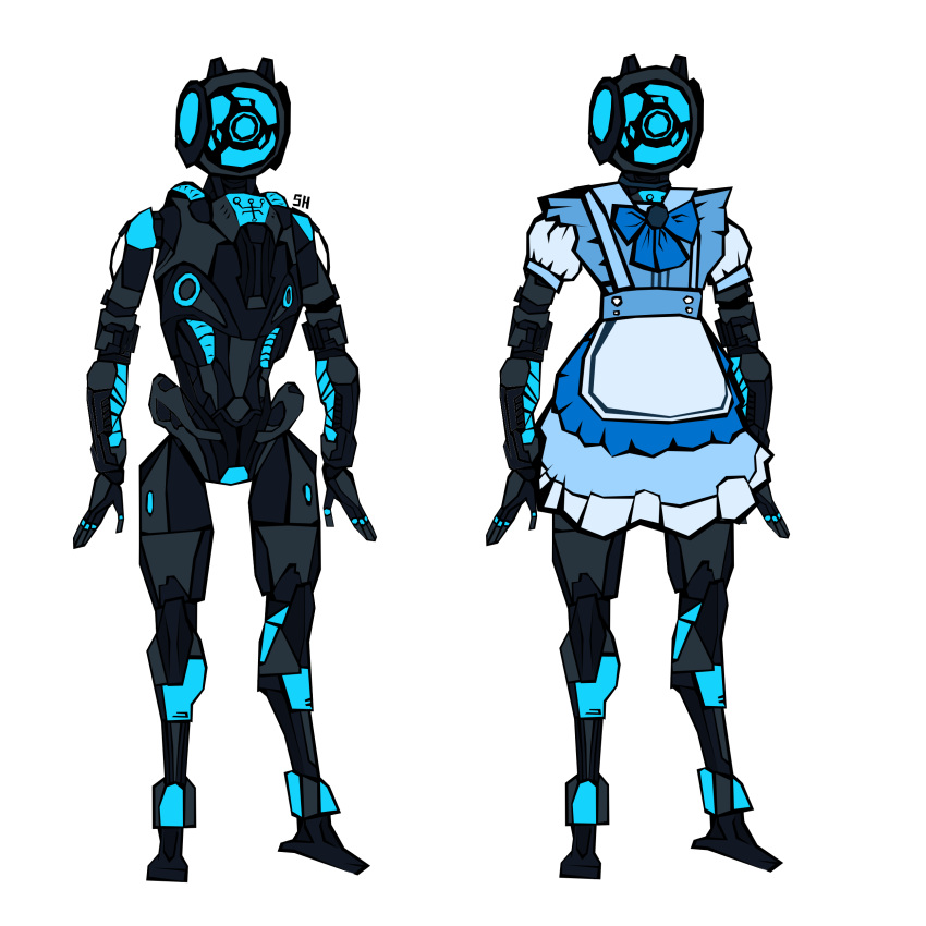 absurd_res alpha_channel ambiguous_gender anthro black_body blue_markings bow_tie clothing doom_(series) hi_res humanoid id_software machine maid_uniform male markings robot robot_humanoid shoot_(sh) simple_background solo standing transparent_background uniform vega video_games