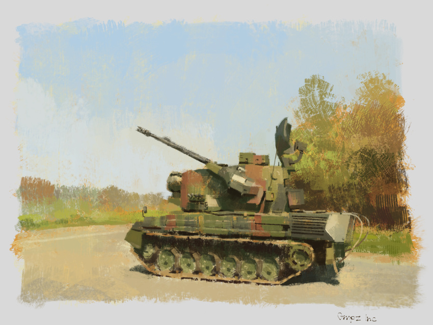 anti-aircraft anti-aircraft_gun blue_sky commentary_request flakpanzer_gepard ground_vehicle highres mikado_(winters) military military_vehicle motor_vehicle no_humans original outdoors sky tank