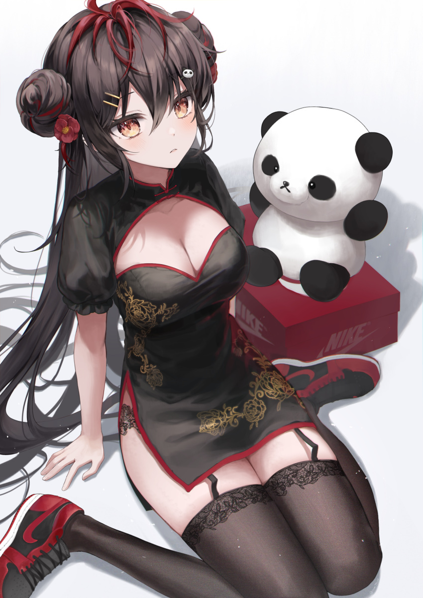 1girl absurdres bangs black_dress black_panties blush breasts brown_eyes brown_garter_straps brown_hair brown_thighhighs china_dress chinese_clothes cleavage closed_mouth double_bun dress flower frilled_sleeves frills garter_straps grey_background hair_between_eyes hair_bun hair_flower hair_ornament hairclip ham99luv highres lace lace-trimmed_legwear lace_panties lace_trim long_hair looking_at_viewer medium_breasts multicolored_hair nike original panties panty_peek puffy_short_sleeves puffy_sleeves red_hair red_trim shadow shoe_box shoes short_sleeves side_slit sidelocks simple_background sitting sneakers solo streaked_hair stuffed_animal stuffed_toy teddy_bear teddy_bear_hair_ornament thighhighs thighs two-tone_hair underwear very_long_hair wariza