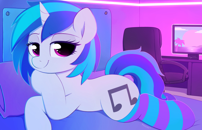 2019 absurd_res bed blue_hair blue_tail chair clothing computer cutie_mark digital_media_(artwork) equid equine eyelashes female feral footwear friendship_is_magic furniture hair half-closed_eyes hasbro hi_res horn legwear mammal moozua my_little_pony narrowed_eyes pattern_clothing pattern_footwear pattern_legwear pattern_socks pillow pink_eyes smile socks solo stockings striped_clothing striped_footwear striped_socks stripes unicorn vinyl_scratch_(mlp) white_body