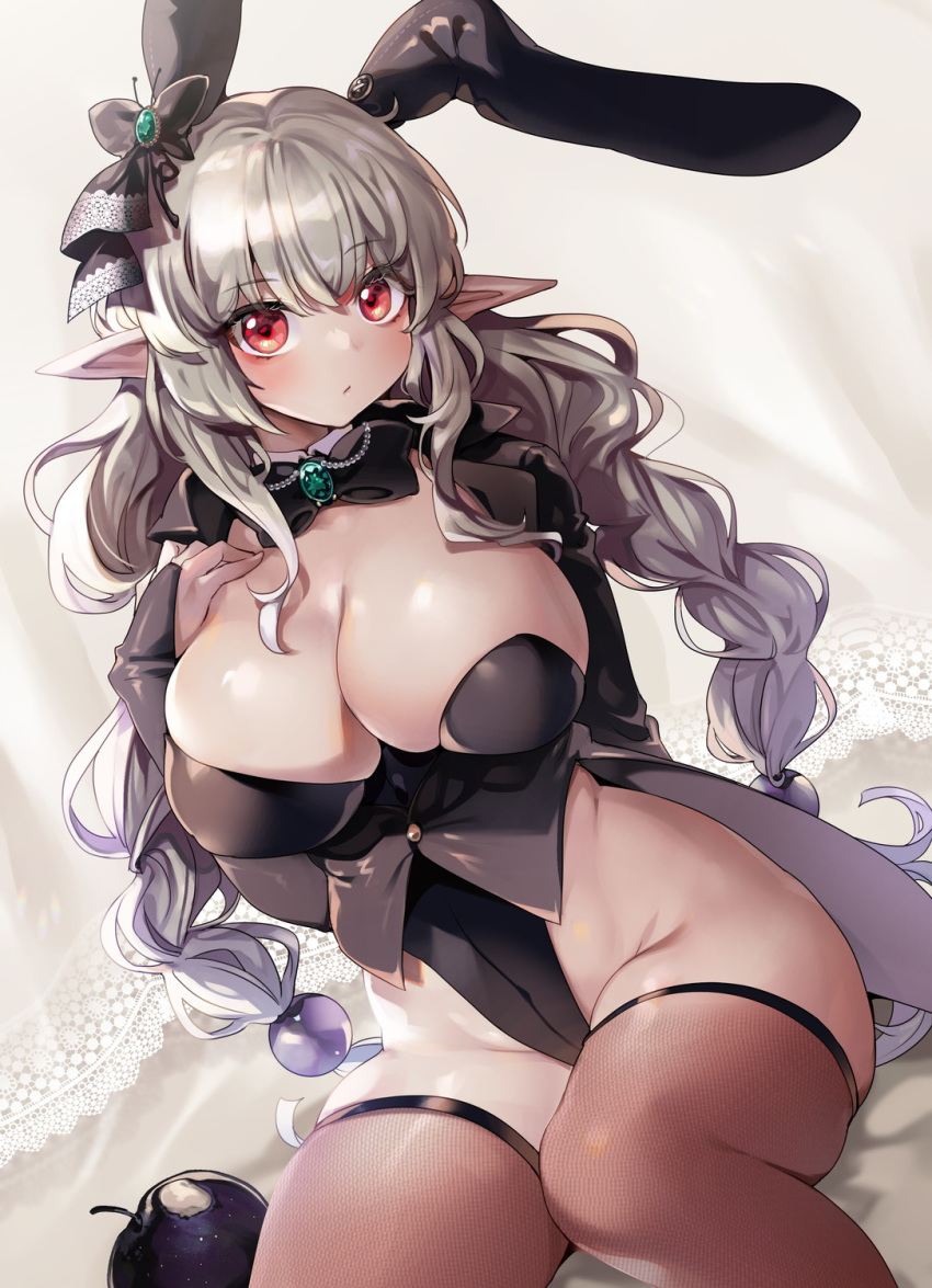 1girl :/ animal_ears apple arm_support black_bow black_bowtie black_coat black_leotard bow bowtie breasts character_request cleavage closed_eyes coat coattails copyright_request detached_collar fake_animal_ears fishnet_thighhighs fishnets food fruit grey_hair highres leotard long_hair long_sleeves looking_at_viewer medium_breasts playboy_bunny pointy_ears rabbit_ears red_eyes ruri_rarako sitting solo strapless strapless_leotard thighhighs very_long_hair