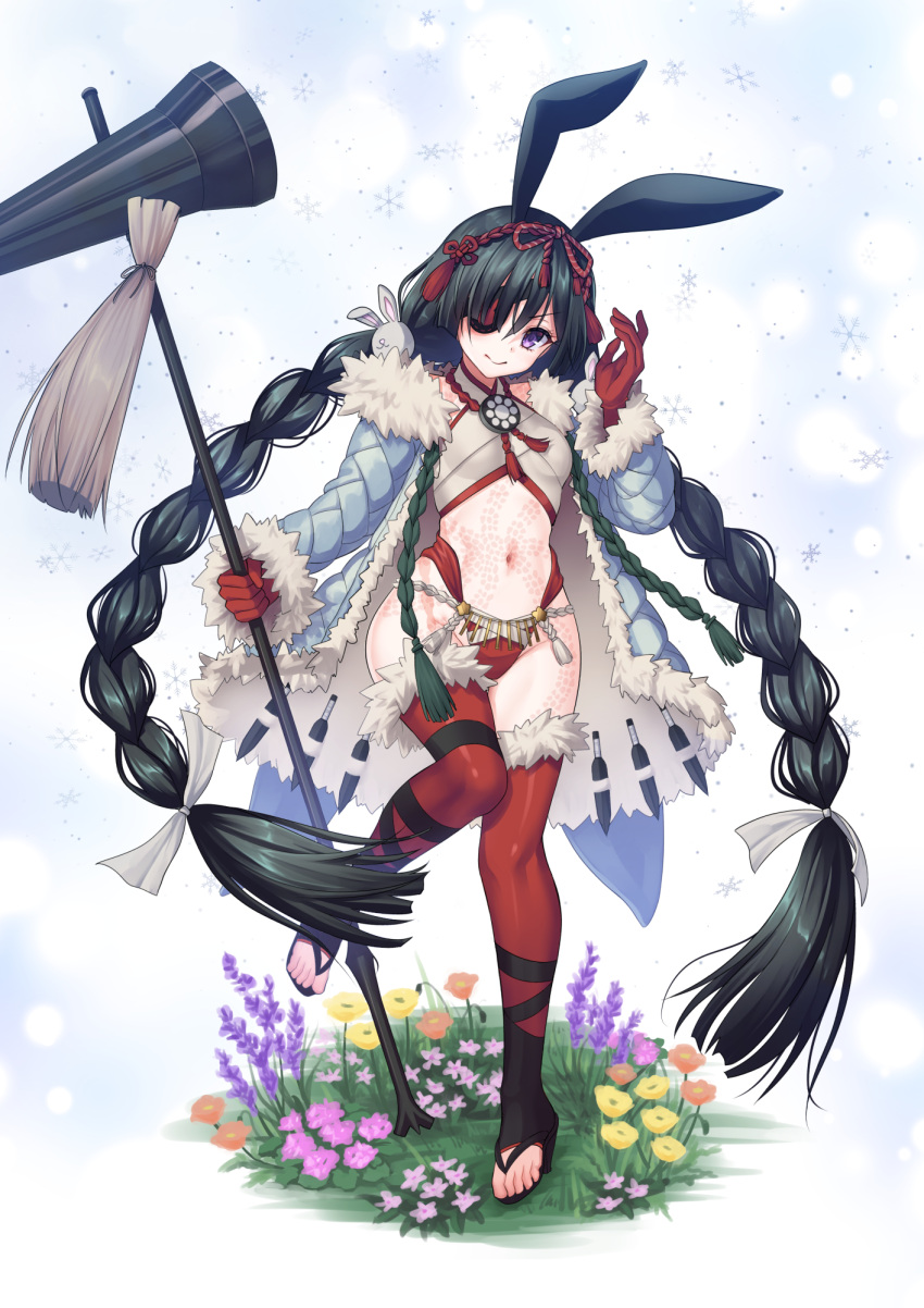 1girl animal_ears bangs black_hair body_markings braid breasts eyepatch fate/grand_order fate_(series) full_body highres long_hair looking_at_viewer mochizuki_chiyome_(dream_portrait)_(fate) mochizuki_chiyome_(fate) purple_eyes rabbit_ears small_breasts snake_tattoo solo tattoo twin_braids very_long_hair youshuu