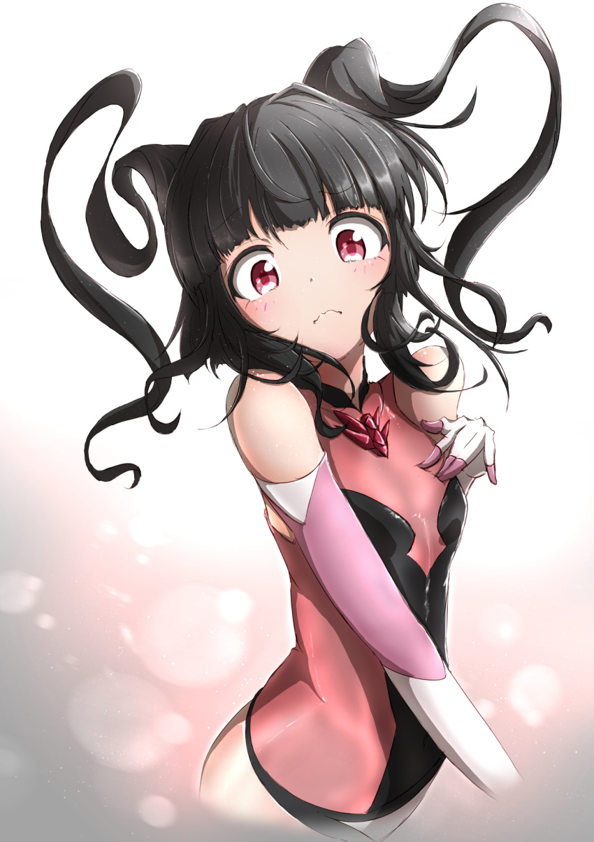 1girl bangs black_hair blunt_bangs breasts closed_mouth cropped_legs elbow_gloves floating_hair frown gloves highres leotard long_hair looking_at_viewer pink_gloves pink_leotard red_eyes senki_zesshou_symphogear shiny shiny_hair shumashi skin_tight small_breasts solo tsukuyomi_shirabe twintails two-tone_gloves white_gloves