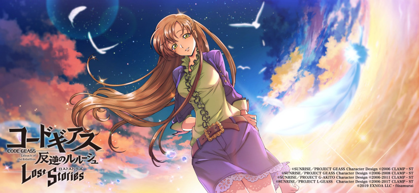 1girl arms_behind_back belt belt_buckle bird brown_belt brown_hair buckle cloud code_geass code_geass:_genesic_re;code copyright_name dress_shirt dutch_angle floating_hair green_shirt highres jacket lens_flare long_hair long_sleeves looking_at_viewer miniskirt open_clothes open_jacket outdoors parted_lips purple_jacket purple_skirt shiny shiny_hair shirley_fenette shirt skirt sky solo star_(sky) starry_sky very_long_hair yellow_eyes