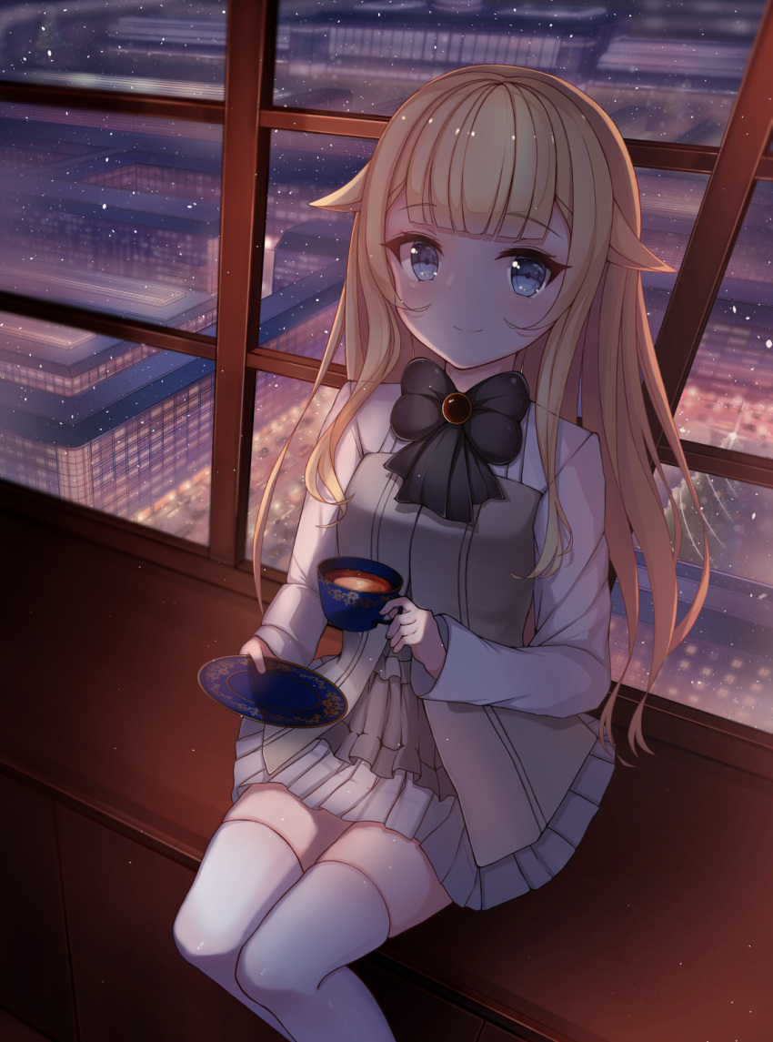 1girl bangs blonde_hair blue_eyes blunt_bangs blush cup english_commentary grey_skirt highres holding holding_plate indoors long_hair long_sleeves plate princess_(princess_principal) princess_principal school_uniform sitting skirt smile snowing tea teacup thighhighs white_thighhighs window ylpz_23