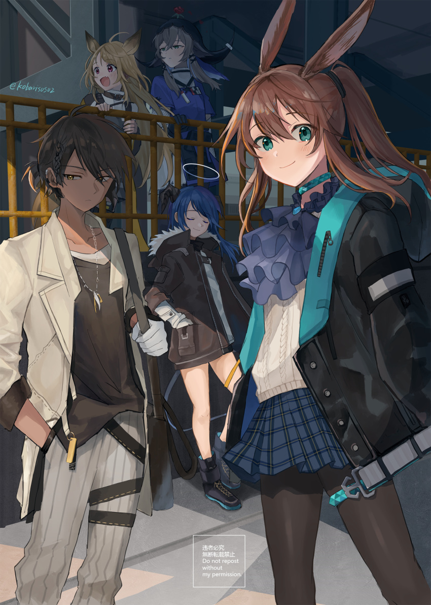 1boy 4girls absurdres ahoge amiya_(arknights) animal_ears aqua_eyes arknights ascot bag black_bag black_coat black_gloves black_headwear black_pantyhose black_shirt blonde_hair blue_ascot blue_collar blue_hair blue_shirt blue_skirt blush braid brown_hair ceobe_(arknights) closed_eyes closed_mouth coat collar collarbone commentary_request cow_horns demon_horns dog_ears fang floating_hair flower flower_on_head frown fur-trimmed_hood fur_trim gloves green_eyes grey_jacket grey_shirt grey_skirt habit hair_between_eyes halo hand_in_pocket hand_on_railing handbag highres holding_strap hood hood_down hooded_coat hooded_jacket horns jacket jewelry kobarisusuz layered_shirt long_hair long_sleeves looking_afar looking_at_viewer mostima_(arknights) multiple_girls necklace open_clothes open_coat open_jacket open_mouth pallas_(arknights) pants pantyhose partial_commentary pink_eyes plaid plaid_skirt ponytail rabbit_ears railing red_flower red_rose rose shirt short_hair short_ponytail short_sleeves sidelocks skirt smile sweater thorns_(arknights) twitter_username very_long_hair watermark white_gloves white_jacket white_pants white_shirt white_sweater yellow_eyes