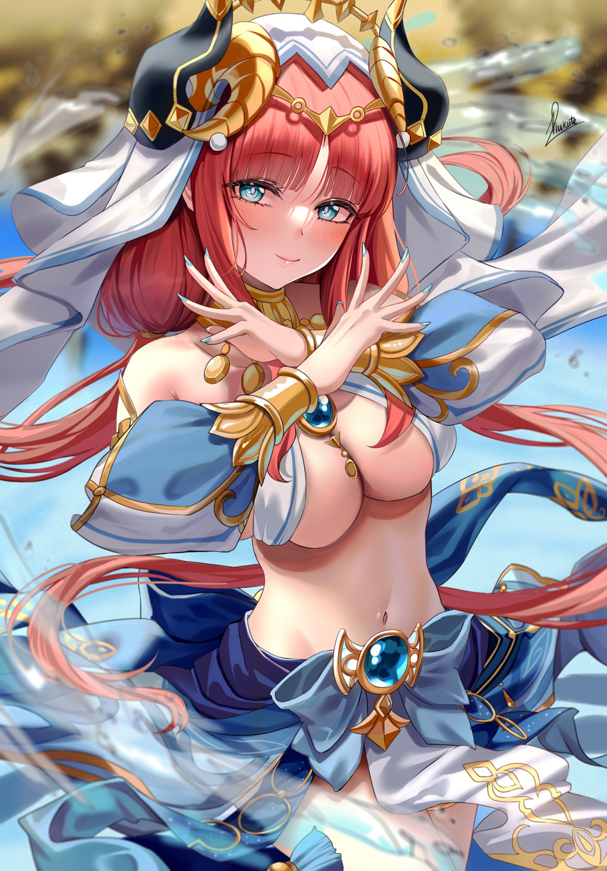 1girl aqua_eyes bangs bare_shoulders blue_skirt blurry blurry_background blush breasts brooch circlet closed_mouth cowboy_shot crop_top crossed_wrists dancer detached_sleeves floating_hair genshin_impact harem_outfit highres horns jewelry long_hair long_sleeves looking_at_viewer medium_breasts navel neck_ring nilou_(genshin_impact) parted_bangs piukute062 puffy_long_sleeves puffy_sleeves red_hair revealing_clothes signature skirt smile solo stomach vambraces veil vision_(genshin_impact) x_arms