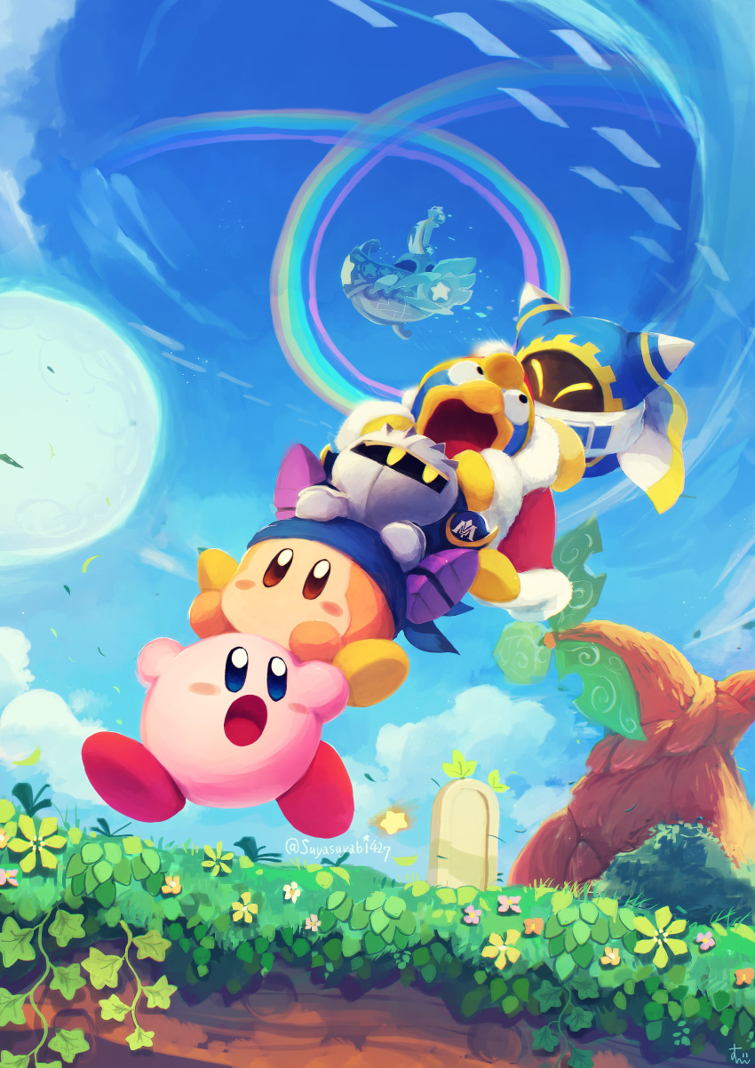 absurdres armor bandana bandana_waddle_dee blush_stickers carrying cloak creature grass highres king_dedede kirby kirby's_return_to_dream_land kirby_(series) looking_at_another lor_starcutter magolor mask meta_knight moon no_humans open_mouth pauldrons piggyback rainbow shoulder_armor sky suyasuyabi tree