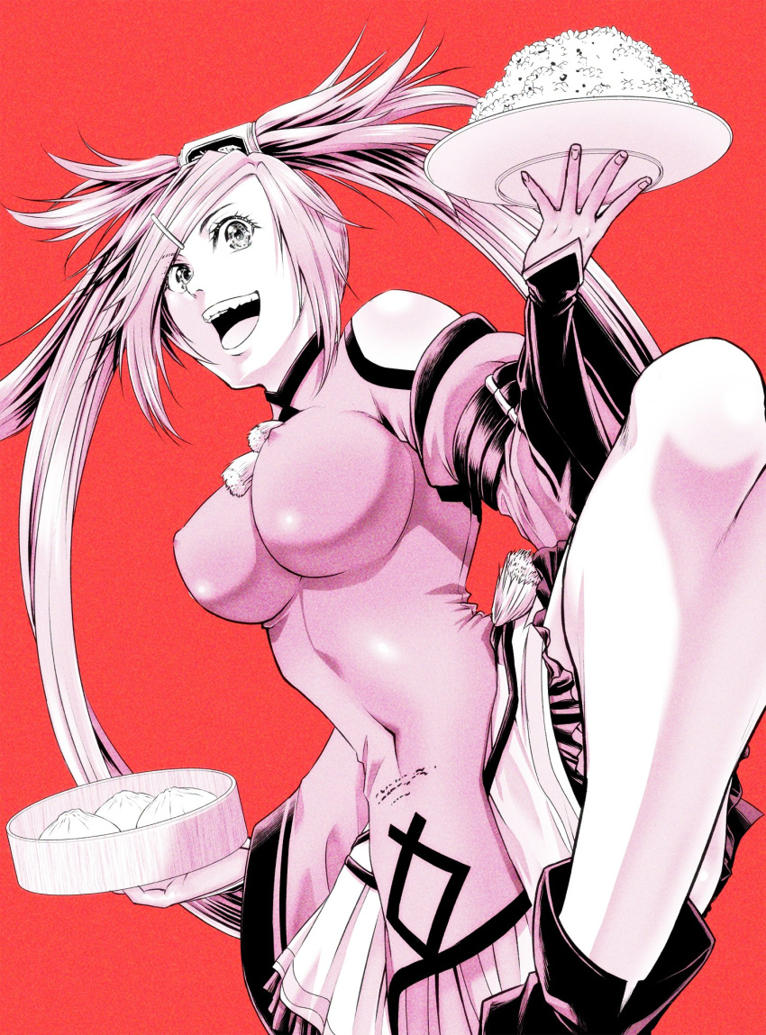 1girl an'no_natsume baozi breasts china_dress chinese_clothes covered_navel detached_sleeves dress food greyscale guilty_gear guilty_gear_xrd hair_ornament hair_rings hairclip highres impossible_clothes impossible_dress kuradoberi_jam large_breasts monochrome open_mouth red_background rice smile solo standing standing_on_one_leg