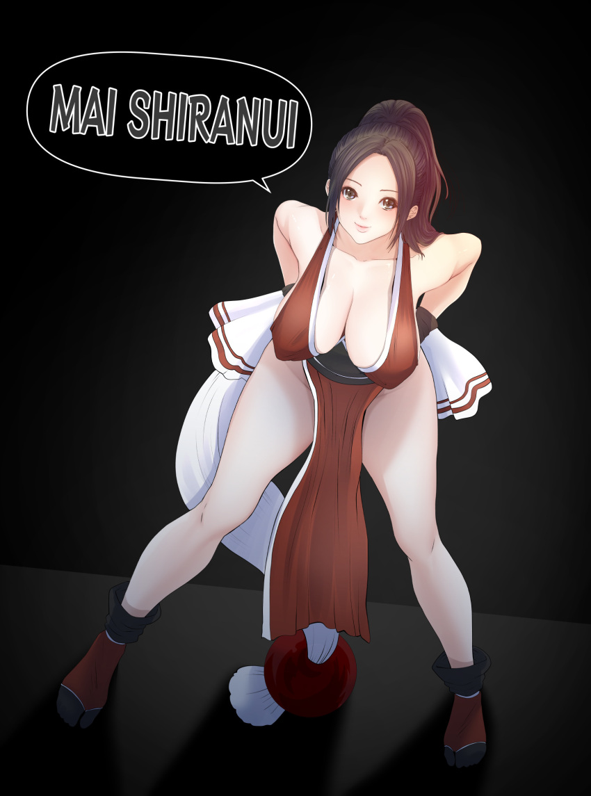 1girl bare_shoulders black_background breasts brown_eyes brown_hair cleavage hand_on_hip hanging_breasts high_ponytail highres large_breasts leaning_forward looking_at_viewer ninja pelvic_curtain ponytail revealing_clothes sakuraginga shiranui_mai smile standing the_king_of_fighters thighs