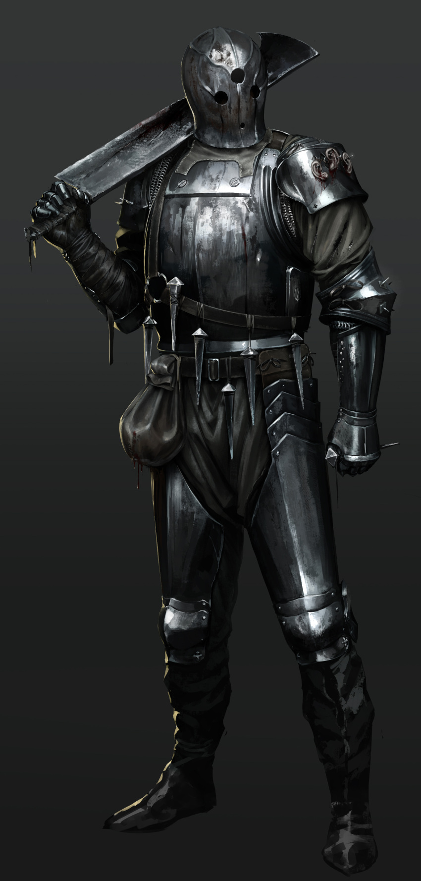 1boy absurdres armor belt_pouch blood breastplate full_armor full_body gradient gradient_background grey_background helmet highres holding holding_nail holding_sword holding_weapon knight male_focus medieval nail nisetanaka original plate_armor pouch severed_ear shoulder_armor solo standing sword weapon