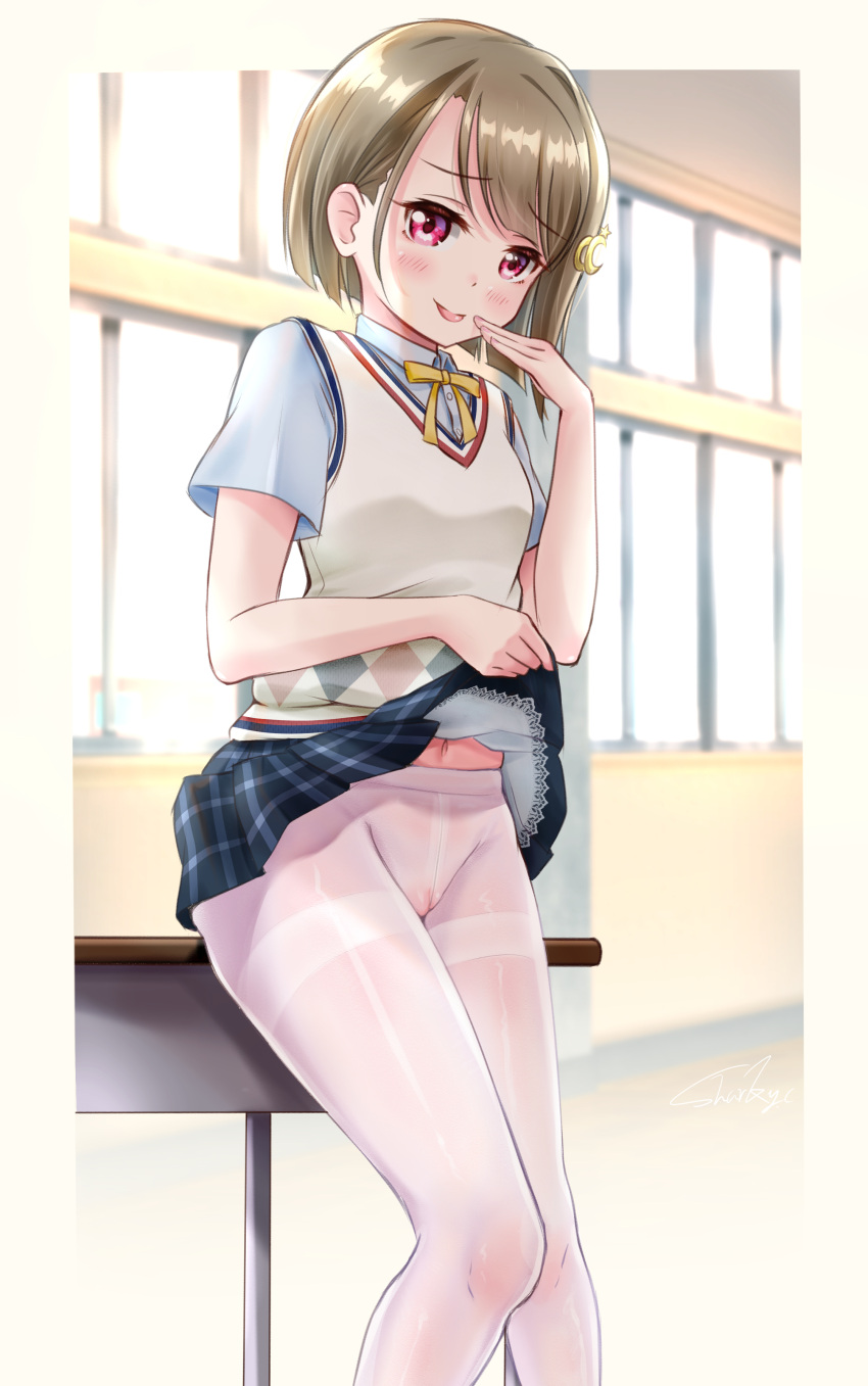 1girl absurdres blonde_hair blush breasts cameltoe clothes_lift commentary_request crescent crescent_hair_ornament hair_ornament highres indoors lifted_by_self looking_at_viewer love_live! love_live!_nijigasaki_high_school_idol_club miniskirt nakasu_kasumi navel nijigasaki_academy_school_uniform pantyhose red_eyes school_uniform shark_yc shiny shiny_hair short_hair short_sleeves skirt skirt_lift small_breasts smile solo standing summer_uniform thighband_pantyhose tongue tongue_out white_pantyhose