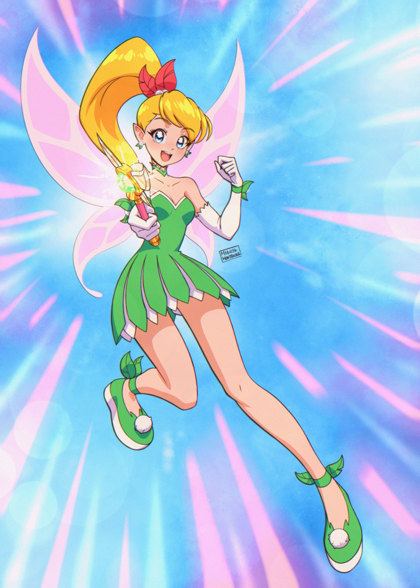 1girl bare_shoulders blonde_hair blue_eyes breasts commentary dress earrings elbow_gloves english_commentary fairy_wings full_body gloves green_dress high_ponytail highres jewelry magical_girl mrmiguelart open_mouth parody peter_pan_(disney) precure short_dress small_breasts smile solo strapless strapless_dress style_parody tinker_bell_(disney) wand white_gloves wings