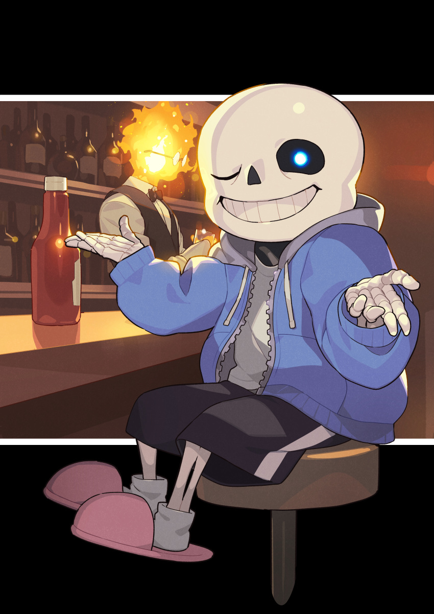 2boys absurdres bar black_shorts black_vest blue_hoodie bone bottle bow bowtie flaming_head glasses glowing glowing_eye grillby grin highres hood hoodie indoors kin_niku looking_at_viewer multiple_boys sans shirt shorts sitting skeleton slippers smile solo_focus stool undertale vest white_shirt