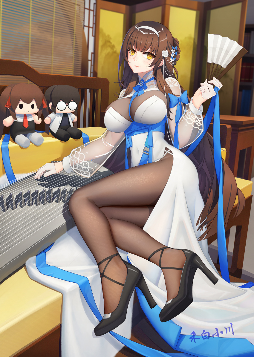 1girl absurdres artist_name bangs black_footwear bodystocking breasts brown_hair brown_pantyhose china_dress chinese_clothes cleavage closed_mouth couch dress full_body girls'_frontline girls'_frontline_neural_cloud gloves hair_ornament hairband hand_fan hebai_xiaochuan high_heels highres holding holding_fan holding_instrument instrument large_breasts legs lips long_hair looking_at_viewer lying on_side pantyhose smile solo table thighs toy type_95_(girls'_frontline) white_dress white_gloves white_hairband yellow_eyes