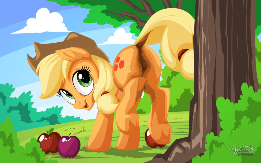 2019 anatomically_correct anatomically_correct_genitalia anatomically_correct_pussy animal_genitalia animal_pussy anus apple applejack_(mlp) bucking butt clothing cowboy_hat cutie_mark darkened_genitalia digital_media_(artwork) dock earth_pony equid equine equine_pussy female feral freckles friendship_is_magic genitals grass green_eyes hasbro hat headgear headwear hi_res hooves horse kick mammal my_little_pony mysticalpha open_mouth open_smile orange_body outside plant pony pussy raised_tail signature smile tree underhoof