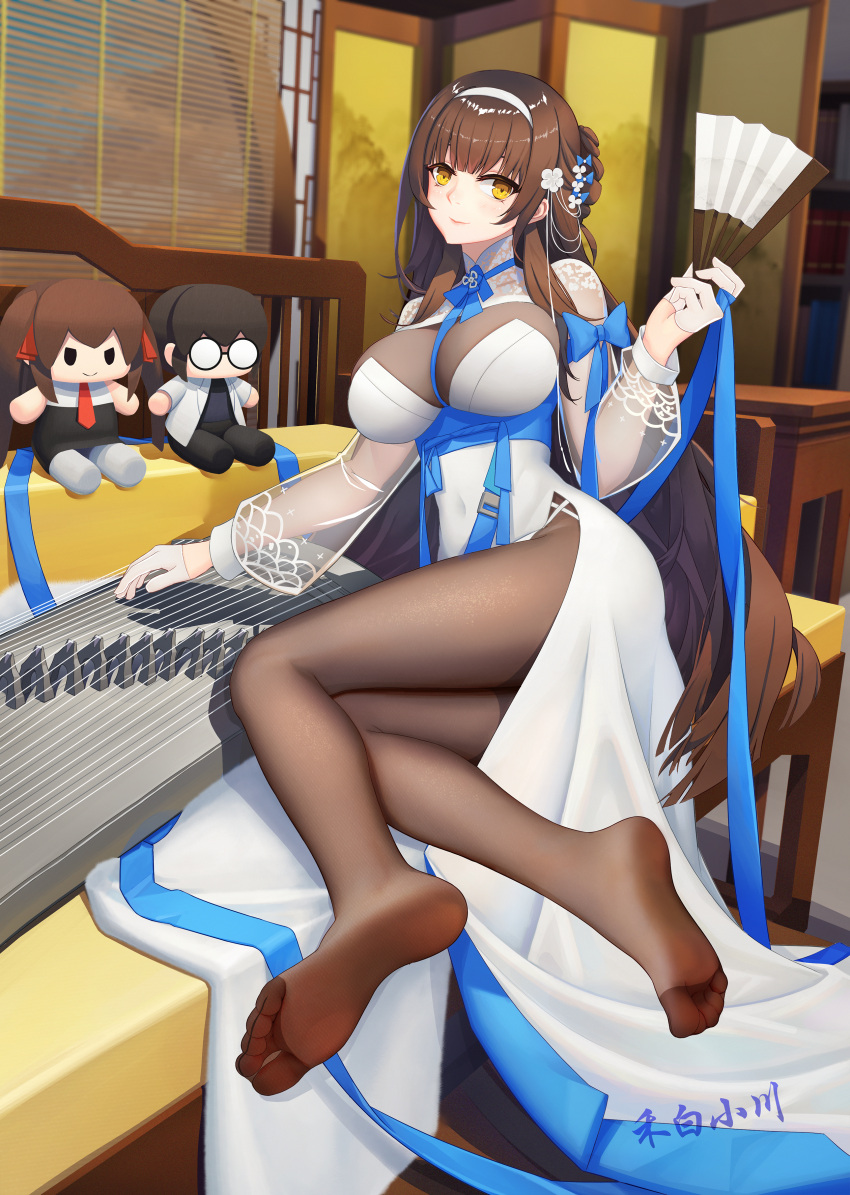 1girl absurdres artist_name bangs barefoot bodystocking breasts brown_hair brown_pantyhose china_dress chinese_clothes cleavage closed_mouth couch dress feet full_body girls'_frontline girls'_frontline_neural_cloud gloves hair_ornament hairband hand_fan hebai_xiaochuan highres holding holding_fan holding_instrument instrument large_breasts legs lips long_hair looking_at_viewer lying no_shoes on_side pantyhose smile soles solo table thighs toes toy type_95_(girls'_frontline) white_dress white_gloves white_hairband yellow_eyes