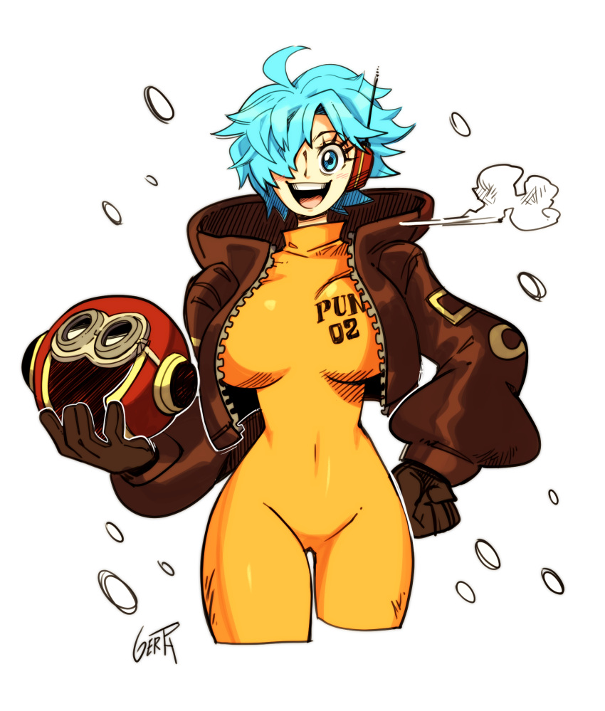 1girl blue_eyes blue_hair bodysuit breasts gerph hair_over_one_eye helmet highres jacket large_breasts one_piece short_hair smile vegapunk_(one_piece)