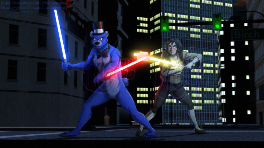 absurd_res anthro duo female five_nights_at_freddy's hi_res human lightsaber male mammal melee_weapon namygaga scottgames star_wars ursid video_games weapon