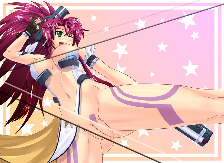 bare_shoulders breasts dual_wielding green_eyes gun himeki_luna holding kicking large_breasts legs long_hair long_legs navel nipples one_eye_closed pussy red_hair revealing_cutout smile solo thick_thighs thighs uncensored vanguard_princess weapon wiz_(shadow)