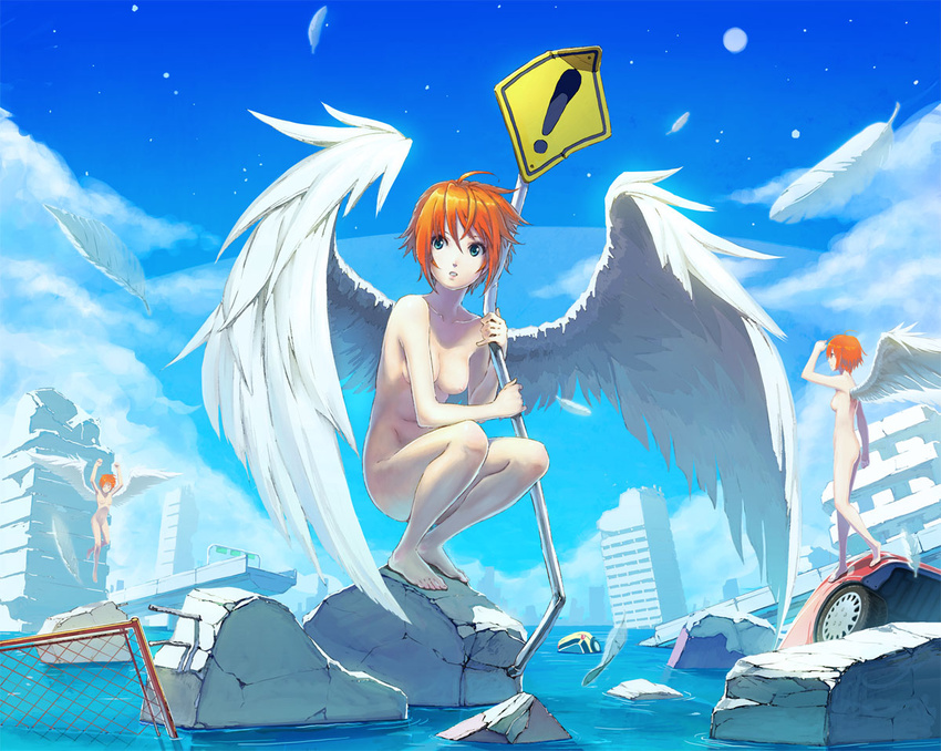 3girls ahoge angel angel_wings barefoot breasts building city cityscape cloud commentary day face feathers feet flood fukukitaru green_eyes hands medium_breasts multiple_girls nude orange_hair original outdoors post-apocalypse road_sign rubble ruins short_hair sign sky skyscraper squatting water wings