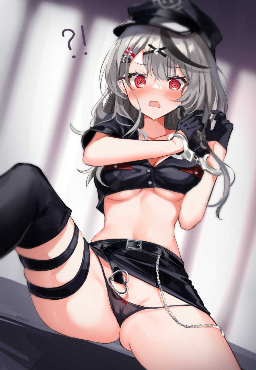 1girl @_@ absurdres bangs belt black_hair blush bound bound_wrists breasts camera crop_top cuffs gloves grey_hair hair_ornament handcuffs hat highres hololive large_breasts long_hair looking_at_viewer multicolored_hair open_mouth pencil_skirt police police_hat police_uniform policewoman red_eyes sakamata_chloe shouu-kun single_thighhigh skirt solo streaked_hair sweat thighhighs uniform virtual_youtuber x_hair_ornament
