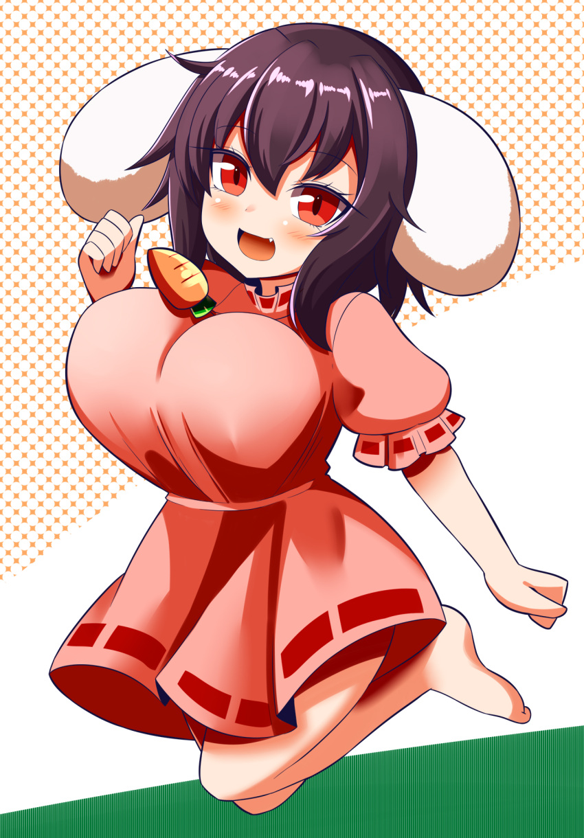 1girl alternate_breast_size animal_ears black_hair bouncing_breasts breasts carrot_necklace dress floppy_ears frilled_sleeves frills highres inaba_tewi jewelry large_breasts necklace oppai_loli pink_dress pink_shirt pink_skirt puffy_short_sleeves puffy_sleeves rabbit_ears rabbit_girl red_eyes ribbon-trimmed_dress shirt short_hair short_sleeves skirt solo touhou wavy_hair xialu_zajin