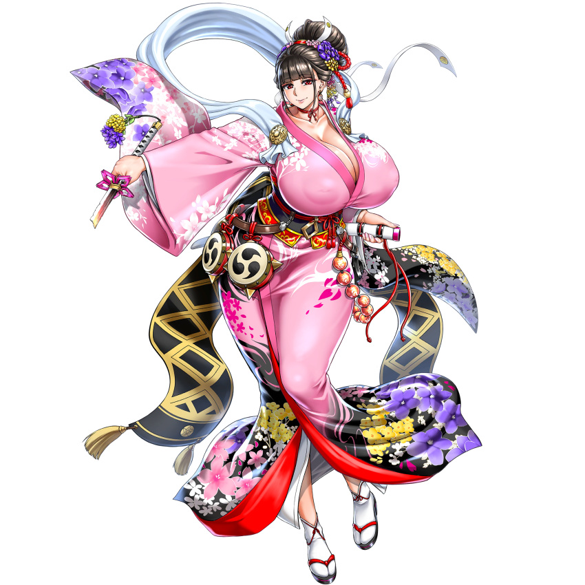 1girl bangs beads belt black_hair black_kimono breasts broken broken_sword broken_weapon brown_belt chinese_knot cleavage closed_mouth collarbone covered_nipples drum earrings floral_print flower game_cg geta gigantic_breasts hagoromo hair_flower hair_ornament highres holding holding_sheath holding_sword holding_weapon huge_breasts instrument japanese_clothes jewelry kanzashi kimono kunoichi_enrai large_areolae last_origin mitsudomoe_(shape) multicolored_clothes multicolored_kimono nail_polish neck_ribbon neroma_shin obi obiage obijime official_art pink_flower pink_kimono pink_nails prayer_beads print_kimono purple_flower red_eyes ribbon sash shawl sheath solo standing sword tabi tachi-e taiko_drum tomoe_(symbol) transparent_background weapon white_flower wide_hips yellow_flower