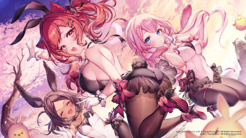 3girls :d animal_ears arm_up ass azur_lane back backless_leotard bangs bare_arms bare_shoulders bird black_choker black_leotard blue_eyes breasts brown_hair brown_pantyhose chick choker covered_navel dutch_angle fake_animal_ears fake_tail frills from_behind gloves hairband hands_up high_heels i-19_(azur_lane) i-19_(blossoming_bunny)_(azur_lane) i-25_(azur_lane) i-26_(azur_lane) komeshiro_kasu large_breasts leotard long_hair looking_at_viewer looking_back manjuu_(azur_lane) multiple_girls official_alternate_costume official_art pantyhose parted_bangs pink_hair playboy_bunny rabbit_ears rabbit_tail red_eyes red_hair smile strapless strapless_leotard tail twintails white_gloves white_leotard