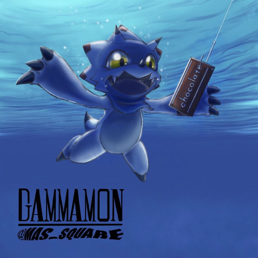 album_cover anthro bandai_namco bandanna candy ceratopsian chocolate claws cover dessert digimon digimon_(species) digimon_ghost_game dinosaur food gammamon hi_res horn kerchief male mas_square ornithischian parody reptile scalie solo swimming triceratops underwater water white_body yellow_eyes