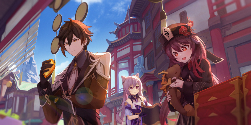 1boy 2girls architecture bangs black_gloves black_hair black_headwear black_nails blurry blurry_foreground blush box breasts brooch brown_hair chinese_clothes choker cloud cloudy_sky coat collared_coat collared_dress collared_shirt colored_tips cone_hair_bun cor_lapis_(genshin_impact) doll double_bun dragon dress earrings east_asian_architecture eastern_dragon eyeliner eyeshadow feathers flower flower-shaped_pupils formal genshin_impact gleam_lin_shi gloves gradient_hair hair_between_eyes hair_bun hair_ears hat hat_flower hat_ornament highres holding horns hu_tao_(genshin_impact) jacket jewelry keqing_(genshin_impact) long_hair long_sleeves makeup medium_breasts mixed-language_commentary multicolored_hair multiple_girls multiple_rings neck_tassel necktie open_mouth outdoors plum_blossoms porkpie_hat purple_dress purple_eyes purple_gloves purple_hair red_eyes red_eyeshadow rex_lapis_(genshin_impact) ring rock scroll shadow shirt sidelocks single_earring sky smile star-shaped_pupils star_(symbol) stone_lantern suit sunlight symbol-shaped_pupils tail tassel tassel_earrings twintails upper_body vest white_necktie yellow_eyes zhongli_(genshin_impact)