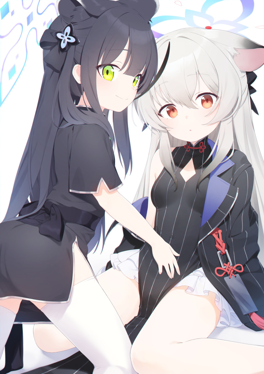 2girls animal_ears bangs black_dress black_hair blue_archive blush breasts china_dress chinese_clothes dabuki dress green_eyes halo highres kokona_(blue_archive) long_hair looking_at_viewer multicolored_hair multiple_girls off_shoulder orange_eyes short_sleeves shun_(blue_archive) shun_(small)_(blue_archive) side_slit sidelocks small_breasts streaked_hair thighhighs thighs tiger_ears two_side_up white_hair white_thighhighs