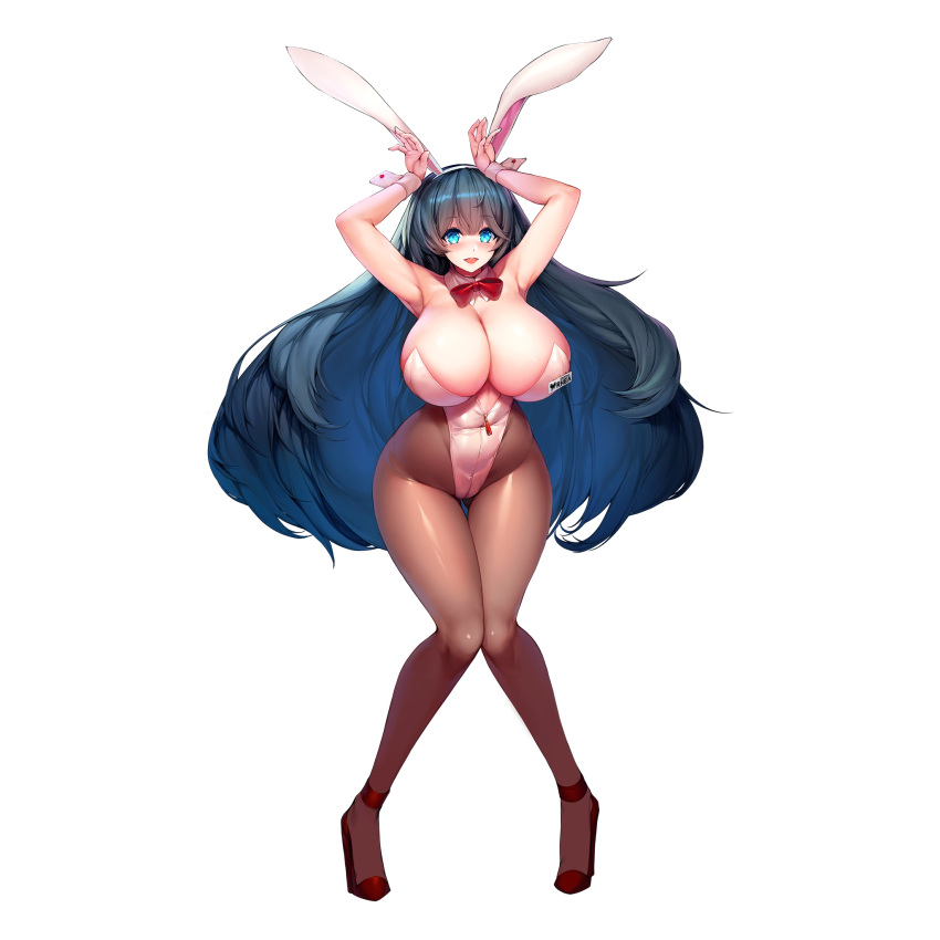 1girl animal_ears armpits arms_up ass_visible_through_thighs bangs big_hair blue_eyes blue_hair bow bowtie breasts brown_pantyhose bunny_pose cleavage collar covered_navel curvy detached_collar detached_sleeves fake_animal_ears full-length_zipper full_body game_cg high_heels highleg highleg_leotard highres huge_breasts knees_together_feet_apart last_origin leotard linea_alba long_hair looking_at_viewer name_tag neck_ribbon oberonia_rhea official_alternate_costume official_art open_mouth pantyhose partially_unzipped piercing playboy_bunny rabbit_ears red_footwear red_ribbon ribbon shoes simple_background snowball22 solo standing strapless strapless_leotard tachi-e thigh_gap thighs transparent_background very_long_hair white_collar white_leotard zipper