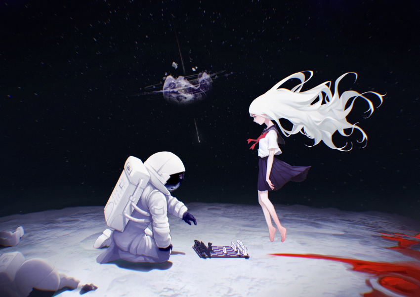 1girl 1other astronaut barefoot blood_on_ground board_game chess corpse destroyed earth_(planet) floating floating_hair from_side highres long_hair moon original planet school_uniform seiza sitting space very_long_hair white_hair zero808w