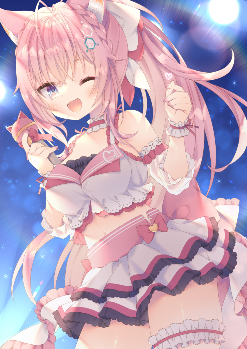 1girl animal_ears anju_(mocomocousagi) blush coyote_ears coyote_girl crop_top hakui_koyori highres hololive long_hair looking_at_viewer miniskirt one_eye_closed pink_hair pink_theme ponytail purple_eyes skirt solo thigh_strap virtual_youtuber