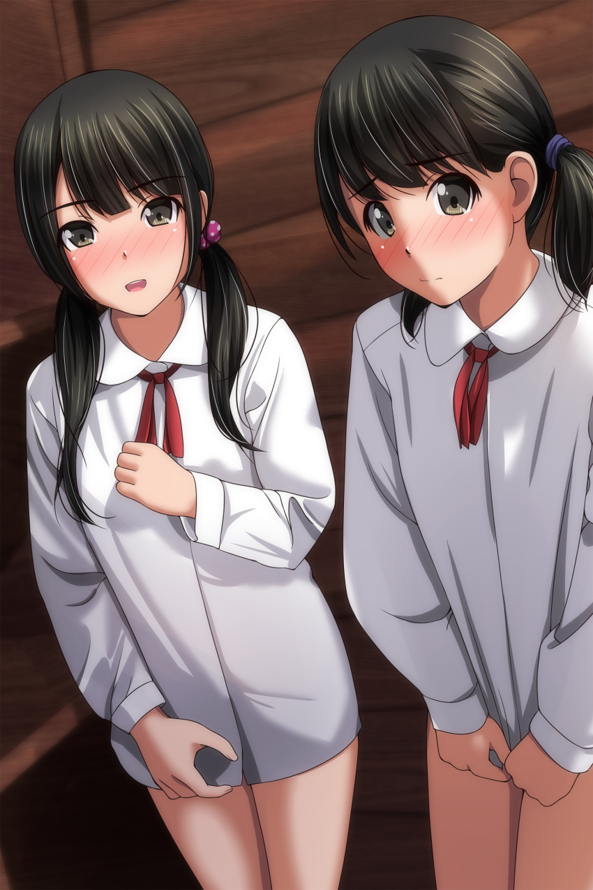 2girls :d absurdres bangs black_hair blush brown_eyes closed_mouth collared_shirt dress_shirt hair_bobbles hair_ornament hair_over_shoulder hair_tie highres long_hair long_sleeves looking_at_viewer low_twintails matsunaga_kouyou multiple_girls neck_ribbon no_pants nose_blush original red_ribbon ribbon shirt smile twintails white_shirt