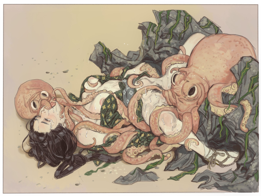 1girl bestiality black_hair consensual_tentacles cunnilingus female_pubic_hair fine_art_parody highres mossacannibalis nipples octopus oral parody pubic_hair rock seaweed sweat tears tentacle_sex tentacles the_dream_of_the_fisherman's_wife wet